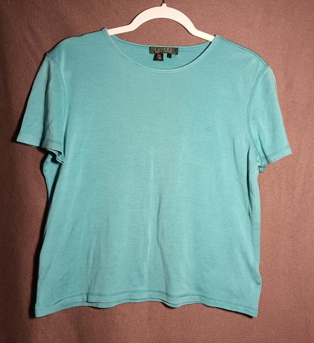 Lauren Ralph Lauren Silk Wool Blend Tee Shirt Women’s Large Teal Blue Basics